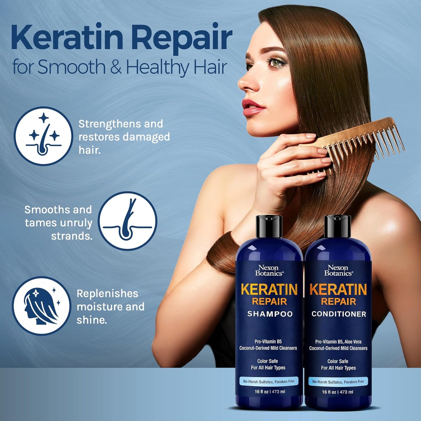 Keratin Shampoo and Conditioner Set 16 fl oz Each - Strengthening & Smoothing Care for Dry, Damaged, Frizzy or Keratin-Treated Hair - Color Protecting - Champu Cabello con Keratina - Nexon Botanics
