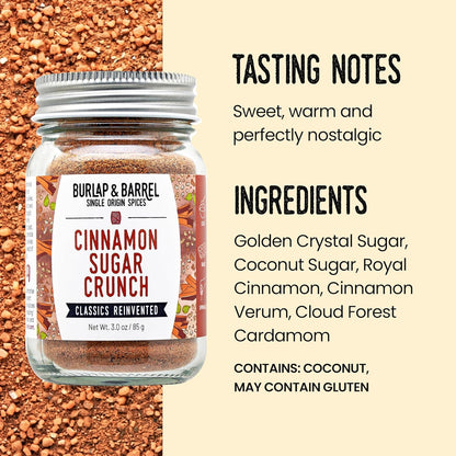 Burlap & Barrel Cinnamon Sugar Crunch – Royal Cinnamon, Cardamom & Turbinado Sugar Blend for Toast, Oatmeal, Baking & Desserts – As seen on Shark Tank – 3oz Glass Jar