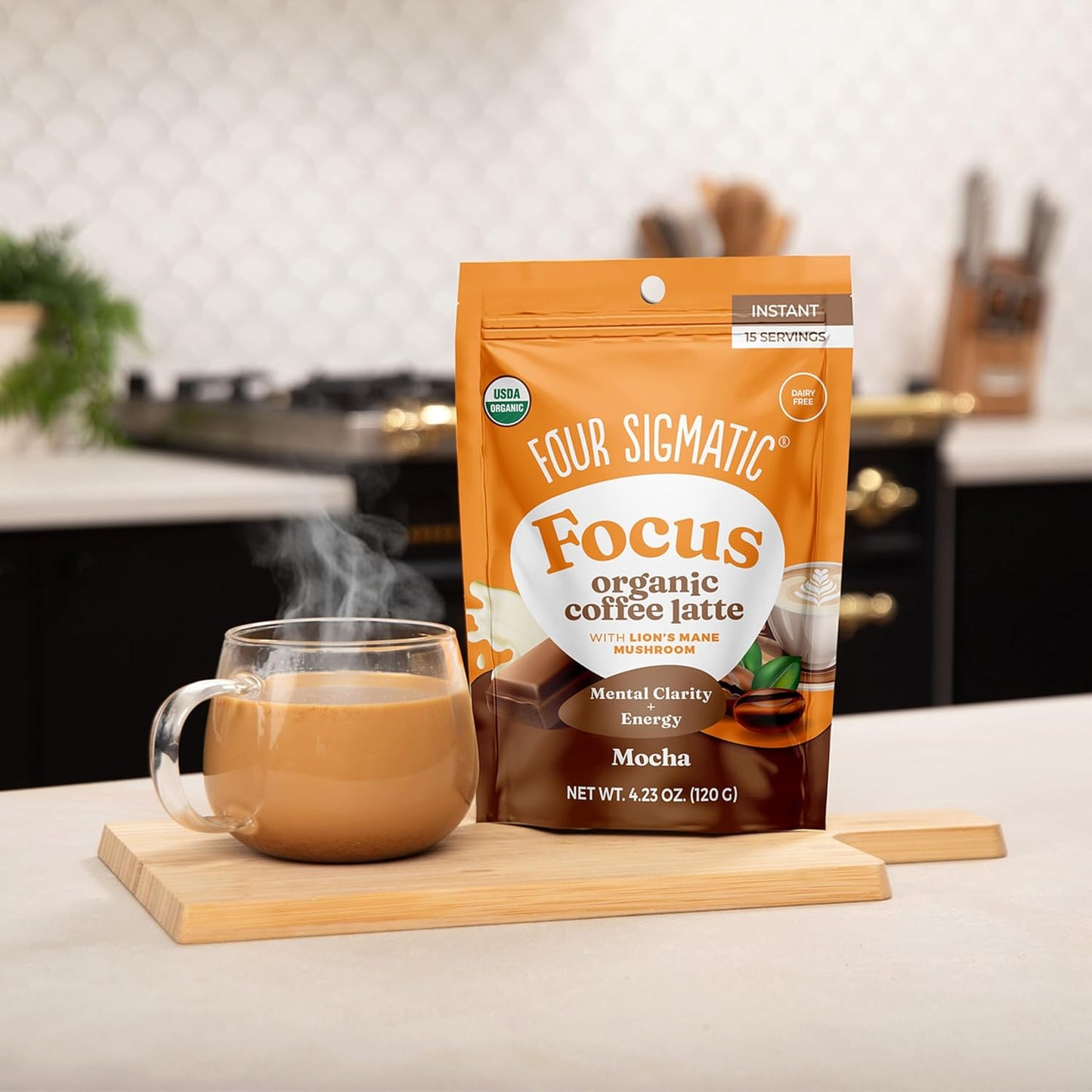 Four Sigmatic Mocha Focus Mushroom Coffee Latte | Plant-Based Organic Instant Latte with Lion’s Mane Mushroom for Focus and Mental Clarity | Made With Just 6 Organic Ingredients | 4.23 oz Bag