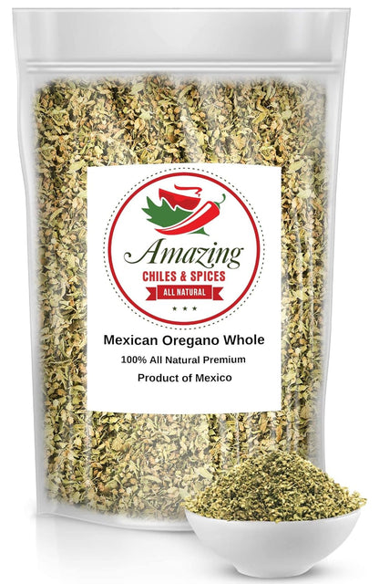 Dried Mexican Oregano (5 oz) – Fresh and Fragrant - Dried Whole Leaves – Use in Mexican Recipes like Pasole, Stews, Salsa, Meats, Enchiladas. Resealable Bag. By Amazing Chiles and Spices.