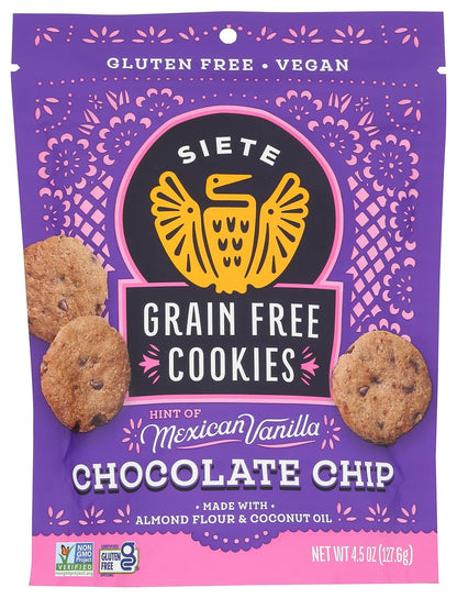 Siete Gluten Free Chocolate Chip Cookies w/ Hint of Mexican Vanilla | Vegan | Grain Free | Non GMO | Dairy Free | Made with Almond Flour & Coconut Oil | 4.5 Oz. Bag (Pack of 1)