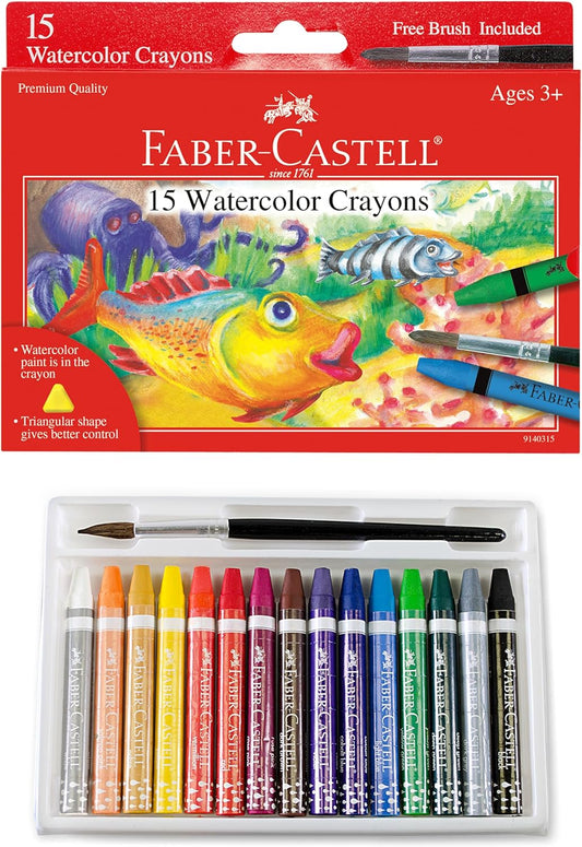 Faber-Castell Watercolor Crayons with Brush, 15 Colors - Premium Quality Art Supplies for Kids