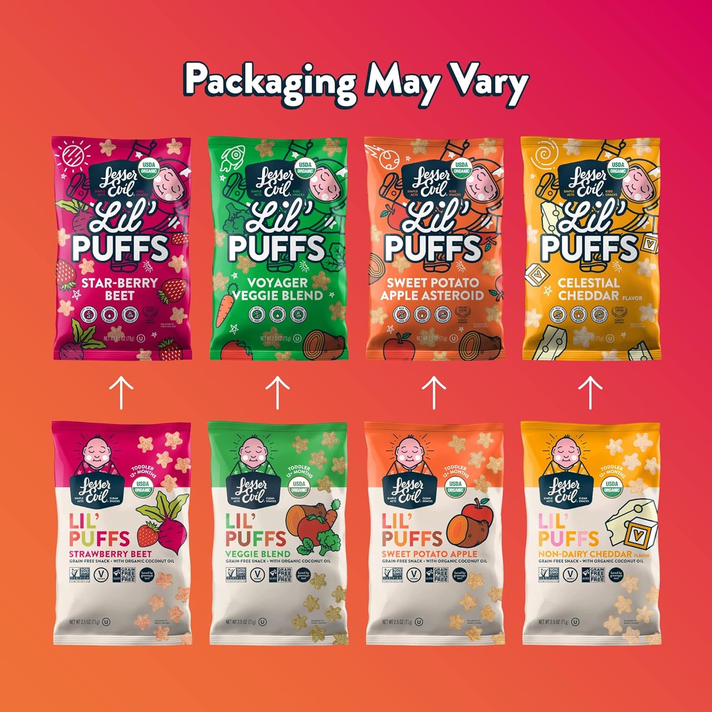 LesserEvil Sweet Potato Apple Lil' Puffs, Organic Snacks for Kids, Rice-Free, 0g Sugar Per Serving, 2.5 Oz, Pack of 5