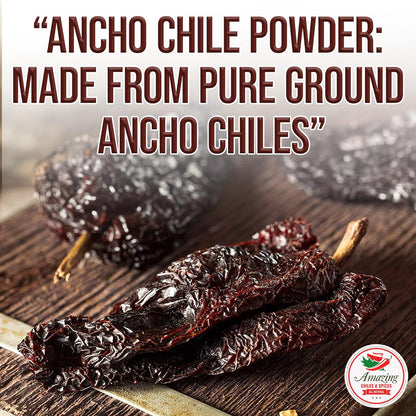 Ancho Chile Pepper Powder Ground (4oz) – Natural and Premium. Great For Recipes Like Mexican Mole, Sauces, Stews, Salsa, Meats, Enchiladas. Mild to Medium Heat, Sweet & Smoky Flavor.