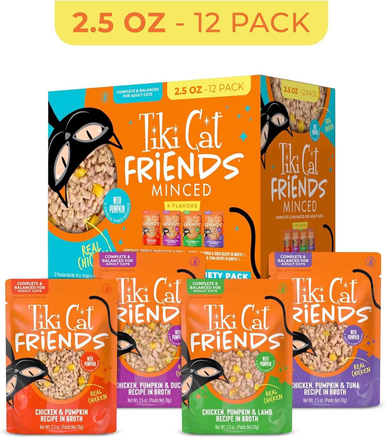 Tiki Cat Friends Chicken Variety Pack, High Protein & High Moisture Wet Cat Food for Adult Cats, 2.5 oz. Pouch (12 Count)