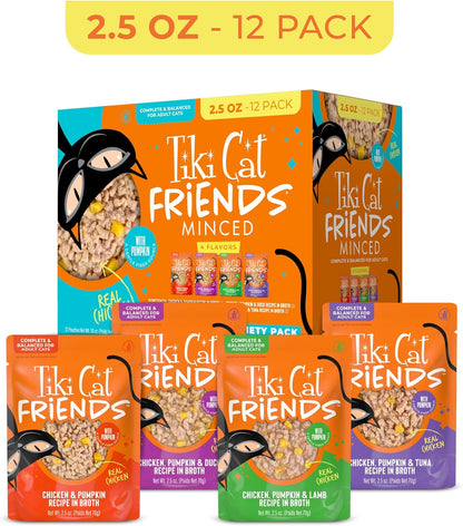 Tiki Cat Friends Chicken Variety Pack, High Protein & High Moisture Wet Cat Food for Adult Cats, 2.5 oz. Pouch (12 Count)