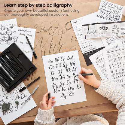 ARTEZA Hand Lettering Pens Set of 12 – Calligraphy and Brush Pens with Guidebook, Pencil, Eraser for Beginners Learning Hand Lettering and Decorative Writing