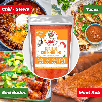 Guajillo Chile Powder Ground (4oz) – Natural and Premium. Great For Chili, Sauces, Stews, Salsa, Meat Rubs, Enchiladas, Mole and Tamales. Tangy Spicy-Sweet Flavor By Amazing Chiles and Spices