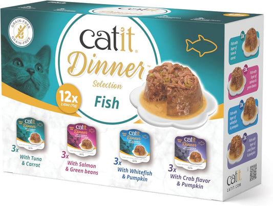 Catit Dinner Fish Multipack Wet Cat Food, 12 Pack – Vegetables and Pumpkin, High Protein, Grain Free, with Taurine & Vitamins