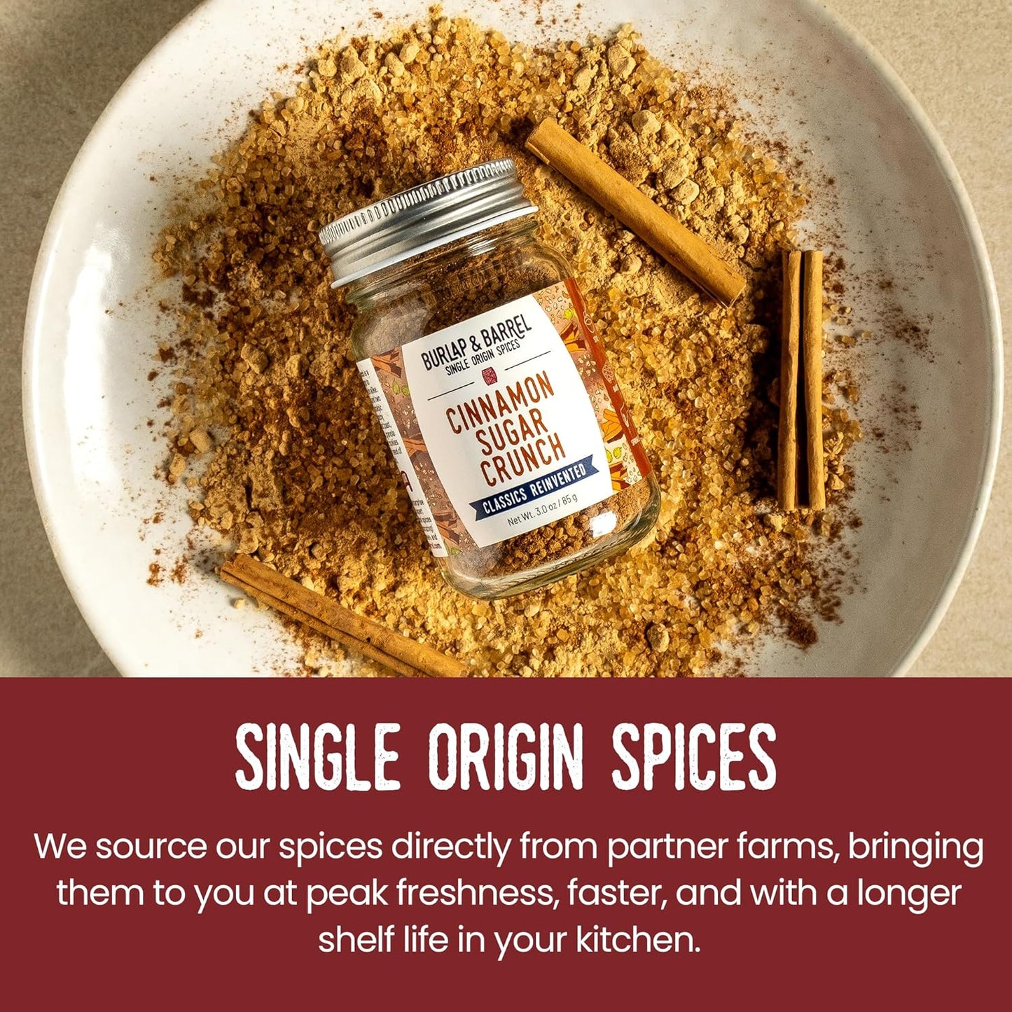 Burlap & Barrel Cinnamon Sugar Crunch – Royal Cinnamon, Cardamom & Turbinado Sugar Blend for Toast, Oatmeal, Baking & Desserts – As seen on Shark Tank – 3oz Glass Jar