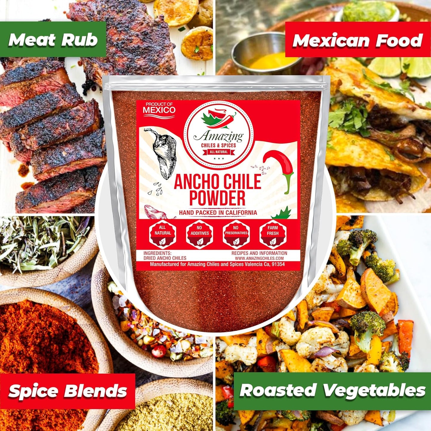 Ancho Chile Pepper Powder Ground (4oz) – Natural and Premium. Great For Recipes Like Mexican Mole, Sauces, Stews, Salsa, Meats, Enchiladas. Mild to Medium Heat, Sweet & Smoky Flavor.