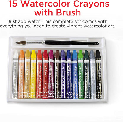 Faber-Castell Watercolor Crayons with Brush, 15 Colors - Premium Quality Art Supplies for Kids