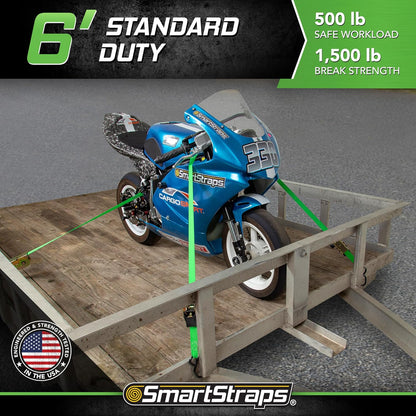 SMARTSTRAPS Retractable Ratchet Tie Down Straps (4 PK) 1,500lb Break Strength, 500lb Safe Work Load, Standard Duty, Secure and Haul ATVs, Lawn Tractors, Cargo, Boxes and Other Small Equipment