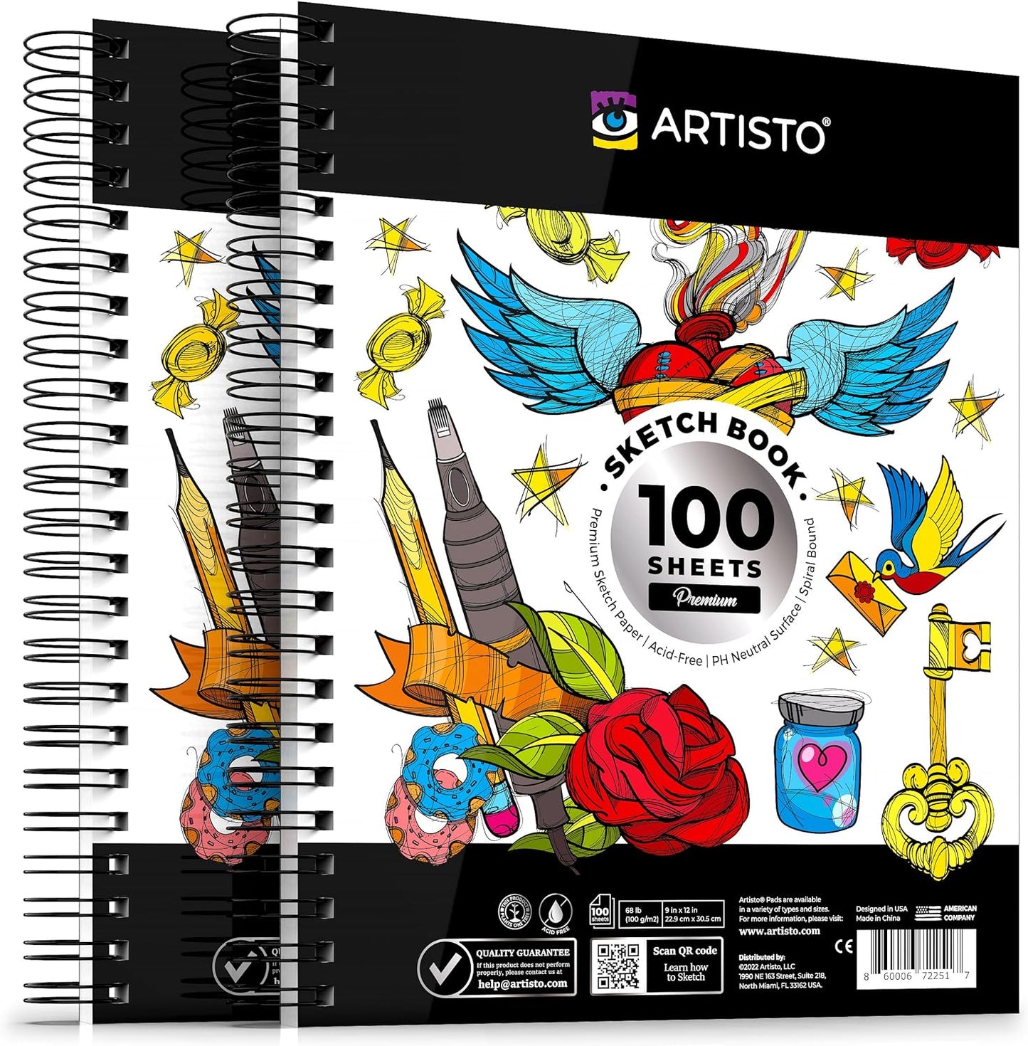 Artisto 9x12 Premium Sketch Book Set, Spiral Bound, Pack of 2, 200 Sheets (100g/m2), Acid-Free Drawing Paper, Ideal for Kids, Teens & Adults.