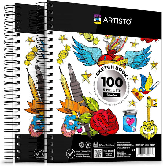 Artisto 9x12 Premium Sketch Book Set, Spiral Bound, Pack of 2, 200 Sheets (100g/m2), Acid-Free Drawing Paper, Ideal for Kids, Teens & Adults.