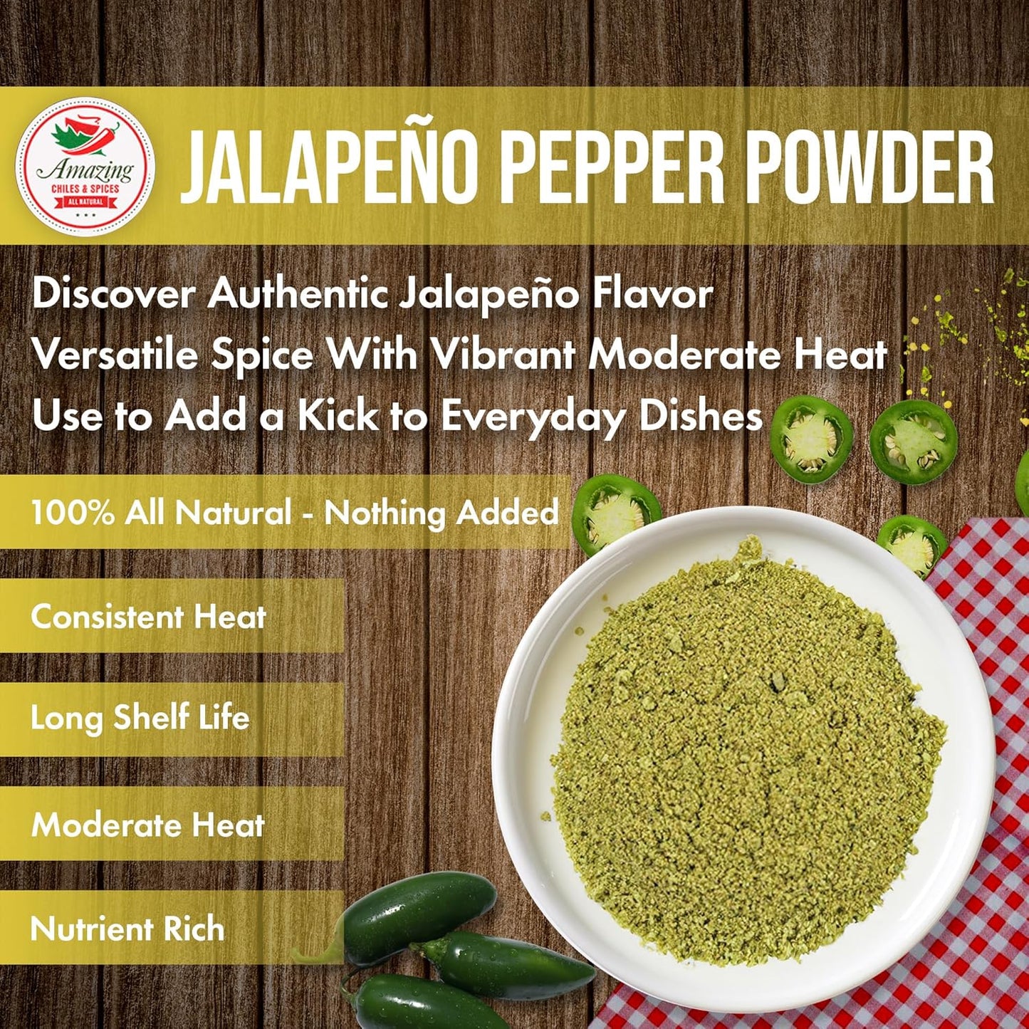 Jalapeno Powder Seasoning 4oz – Natural and Premium. Great For Chili, Salsa, Spice Blends, Stews, Tacos, Corn Bread. Medium to High Heat - fruity, spicy hot flavor. By Amazing Chiles & Spices.