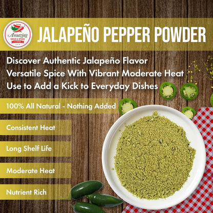 Jalapeno Powder Seasoning 4oz – Natural and Premium. Great For Chili, Salsa, Spice Blends, Stews, Tacos, Corn Bread. Medium to High Heat - fruity, spicy hot flavor. By Amazing Chiles & Spices.