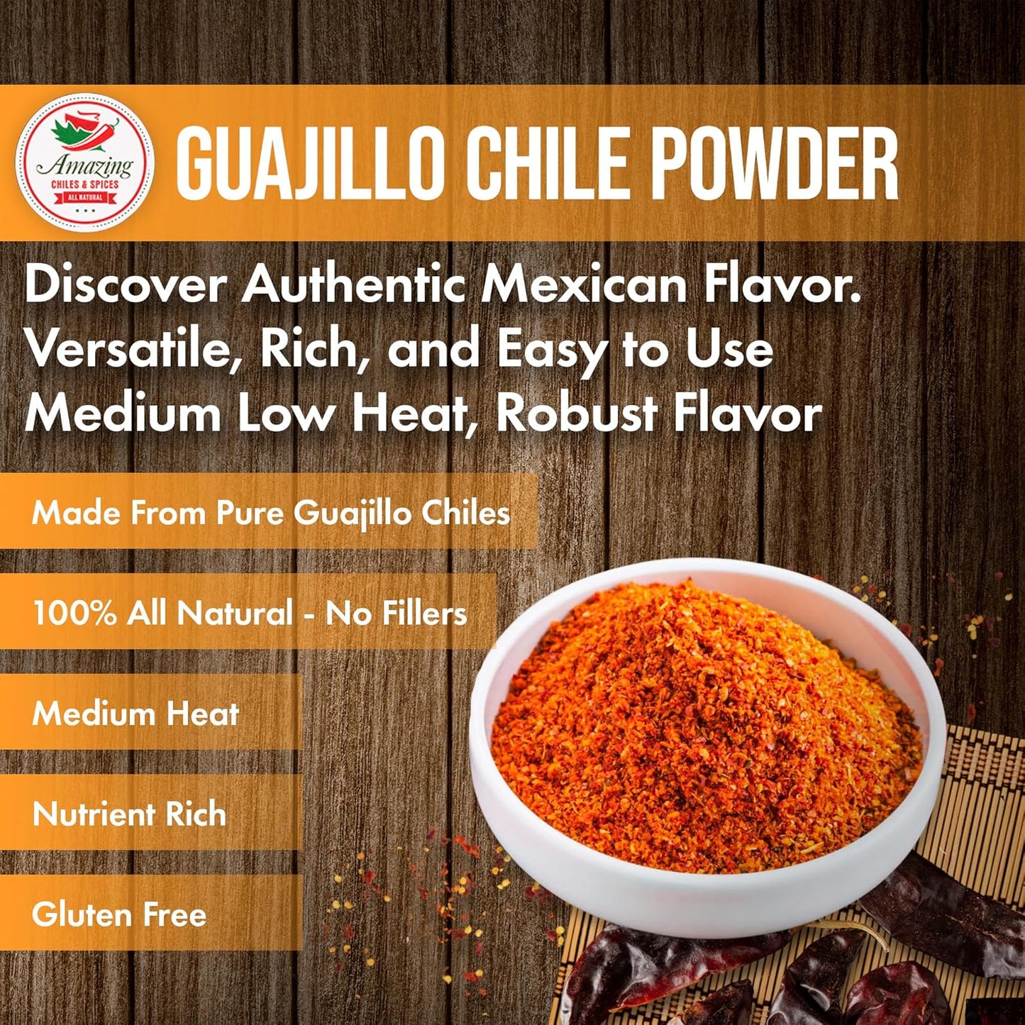 Guajillo Chile Powder Ground (4oz) – Natural and Premium. Great For Chili, Sauces, Stews, Salsa, Meat Rubs, Enchiladas, Mole and Tamales. Tangy Spicy-Sweet Flavor By Amazing Chiles and Spices