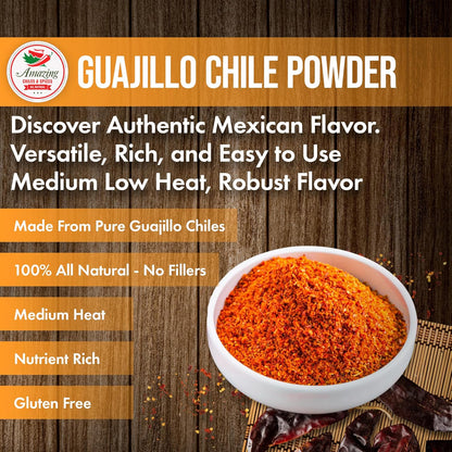 Guajillo Chile Powder Ground (4oz) – Natural and Premium. Great For Chili, Sauces, Stews, Salsa, Meat Rubs, Enchiladas, Mole and Tamales. Tangy Spicy-Sweet Flavor By Amazing Chiles and Spices