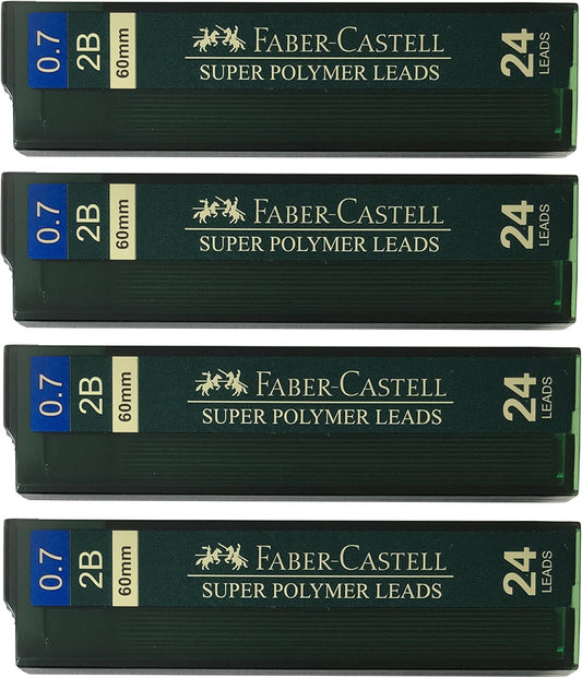 Faber-Castell 0.7mm 2B Super Polymer Premium Strong Dark Smooth Leads Mechanical Pencil Lead Refills For All 0.7 mm Mechanical Pencils (4 Tubes, 24 Leads Per Tube - Total 96 leads)