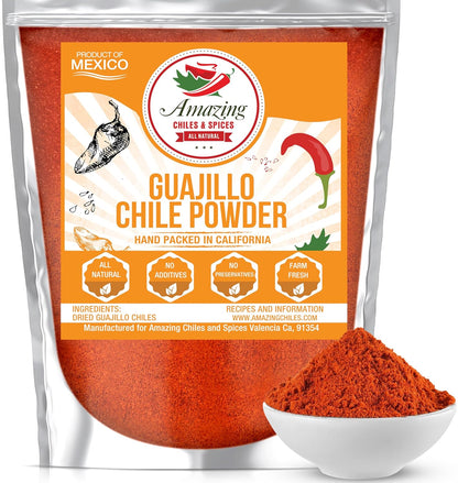 Guajillo Chile Powder Ground (4oz) – Natural and Premium. Great For Chili, Sauces, Stews, Salsa, Meat Rubs, Enchiladas, Mole and Tamales. Tangy Spicy-Sweet Flavor By Amazing Chiles and Spices