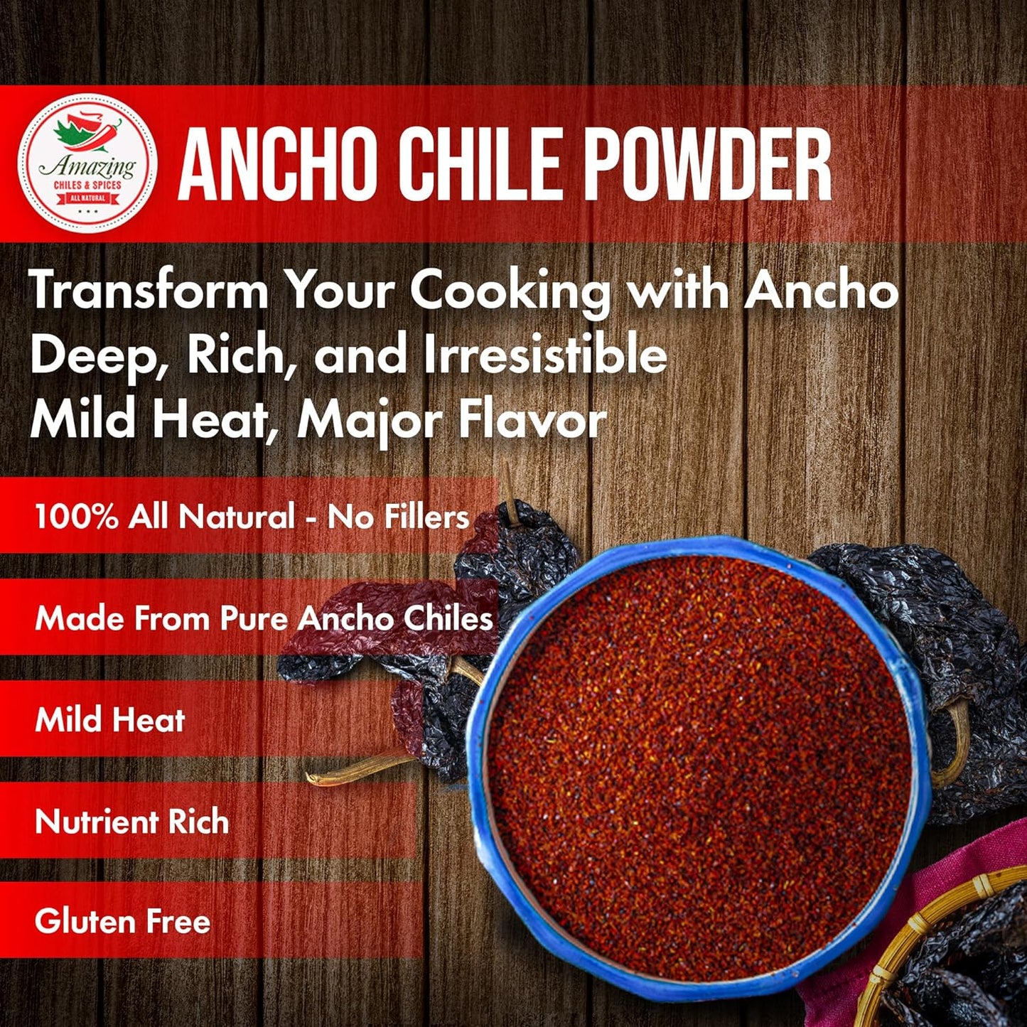 Ancho Chile Pepper Powder Ground (4oz) – Natural and Premium. Great For Recipes Like Mexican Mole, Sauces, Stews, Salsa, Meats, Enchiladas. Mild to Medium Heat, Sweet & Smoky Flavor.