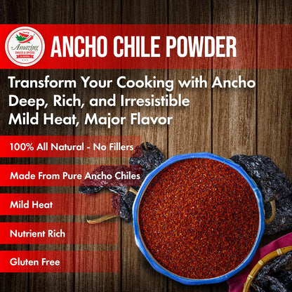 Ancho Chile Pepper Powder Ground (4oz) – Natural and Premium. Great For Recipes Like Mexican Mole, Sauces, Stews, Salsa, Meats, Enchiladas. Mild to Medium Heat, Sweet & Smoky Flavor.