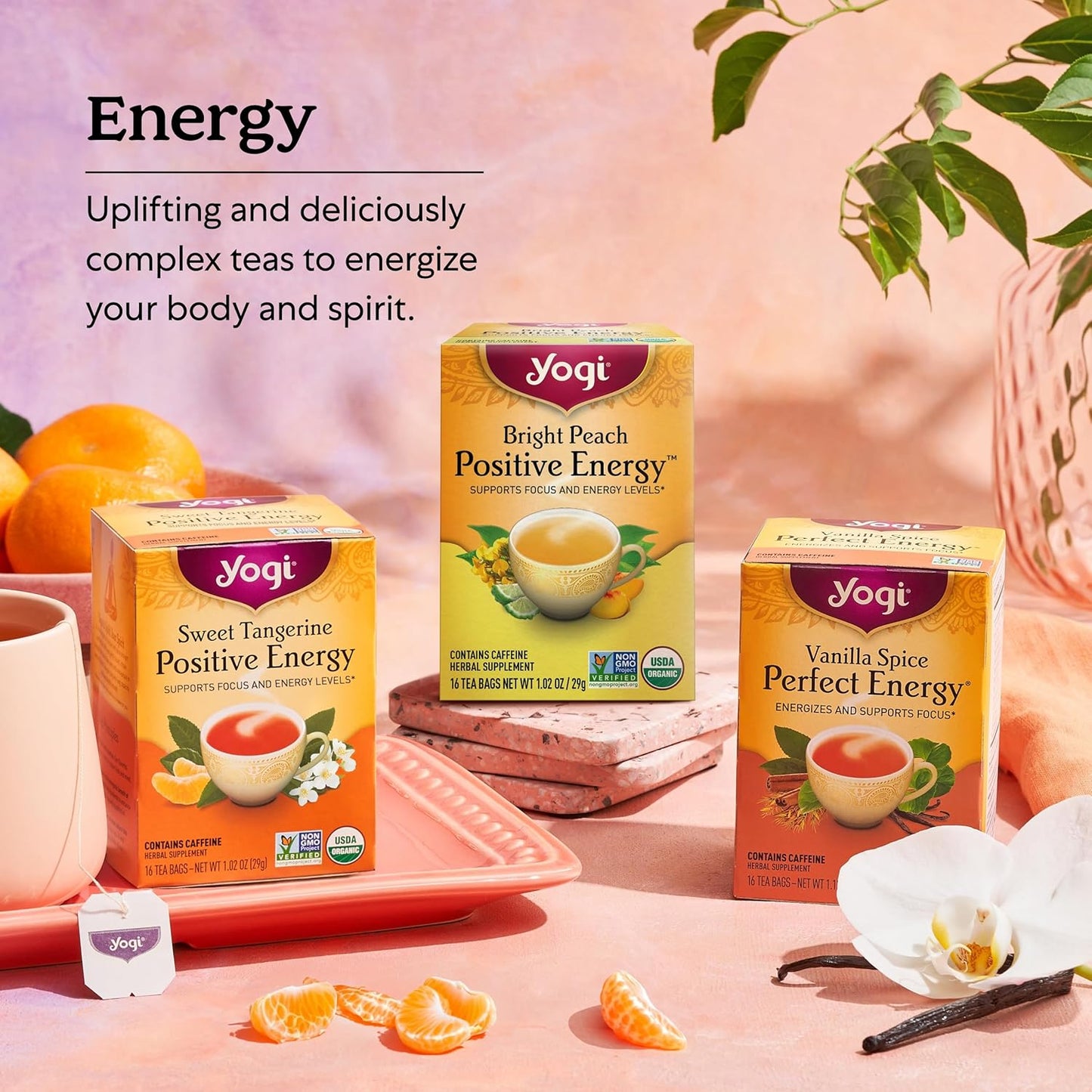 Yogi Sweet Tangerine Positive Energy Tea - 16 Tea Bags per Pack (4 Packs) - Organic Tangerine Energy Tea
