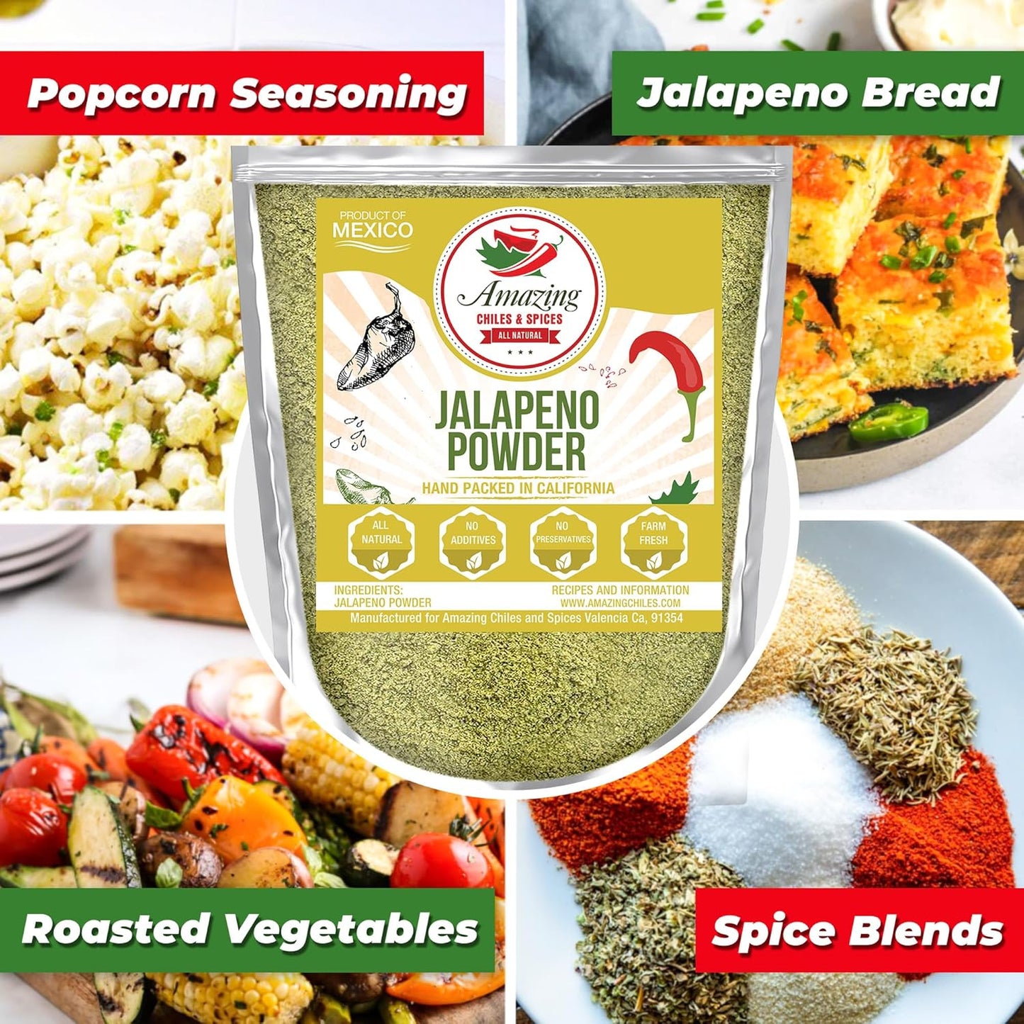 Jalapeno Powder Seasoning 4oz – Natural and Premium. Great For Chili, Salsa, Spice Blends, Stews, Tacos, Corn Bread. Medium to High Heat - fruity, spicy hot flavor. By Amazing Chiles & Spices.